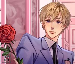  1boy blonde_hair closed_mouth collared_shirt commentary flower highres holding holding_flower iameixx male_focus necktie ouran_high_school_host_club red_flower red_rose rose school_uniform shirt short_hair solo suou_tamaki upper_body violet_eyes watermark 