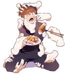  1boy 720_72 arms_behind_back brown_eyes brown_hair chikuwa chopsticks disembodied_limb doi_hansuke feeding food gagged hands kneeling male_focus ninja oden plate rakudai_ninja_rantarou restrained simple_background solo white_background 