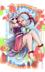  1girl animal_ears barefoot bear_trap blue_hair closed_mouth commentary dog_ears dog_girl dog_tail extra_tails full_body highres jewelry looking_at_viewer mitsugashira_enoko multicolored_hair pendant pink_skirt protected_link purple_shirt rainbow_print red_eyes shirt short_hair skirt solo statisticstater streaked_hair tail touhou v-shaped_eyebrows white_hair 