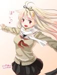  1girl blonde_hair commentary_request gradient_hair hair_flaps hair_ornament hair_ribbon hairclip kantai_collection long_hair multicolored_hair open_mouth poi red_eyes remodel_(kantai_collection) ribbon scarf school_uniform serafuku shinkun smile sweater translated yuudachi_(kantai_collection) 