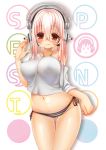  1girl :q bikini bikini_bottom blush breasts commentary_request headphones inuue_kiyu large_breasts licking_lips long_hair looking_at_viewer naughty_face navel nitroplus pink_hair red_eyes smile solo super_sonico swimsuit tongue tongue_out 