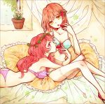  2girls :o bed bra commentary_request curtains eating food fruit green_bra hair_ornament high_heels holly holly_hair_ornament lingerie long_hair looking_at_another lying multiple_girls nanami_haruka on_stomach ooyagi panties pillow pink_bra pink_hair pink_panties plant pot potted_plant redhead shibuya_tomochika short_hair side-tie_panties sitting strawberry thigh-highs underwear uta_no_prince-sama violet_eyes window yellow_eyes 