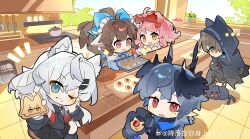  ... 2boys 3girls absurdres ahoge animal_ears arknights ascot baking_sheet black_cape black_gloves black_jacket black_skirt black_wings blue_bow blue_bowtie bow bowtie brown_eyes brown_hair cape capelet cat_ears chibi chinese_commentary christine_(arknights) commentary_request cookie dress eyjafjalla_(arknights) eyjafjalla_the_hvit_aska_(a_picnic_before_a_long_trip)_(arknights) eyjafjalla_the_hvit_aska_(arknights) food frying_pan gloves goldenglow_(arknights) goldenglow_(party_in_the_garden)_(arknights) grey_eyes grey_hair head_bow head_wings highres holding holding_food hood hooded_capelet horns indoors infection_monitor_(arknights) jacket kitchen knife lappland_(arknights) lappland_the_decadenza_(arknights) logos_(arknights) long_hair looking_down mole mole_under_eye multiple_boys multiple_girls one_eye_closed open_mouth oven_mitts phantom_(arknights) pink_eyes pink_hair pointy_ears ponytail red_ascot red_bow red_eyes saucer_(saucer752) scar scar_across_eye short_hair sidelocks skirt smile sparkle stool table tile_floor tiles watermark weibo_watermark white_dress window wings yellow_eyes 