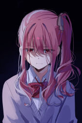  1other absurdres akiyama_mizuki arms_at_sides bags_under_eyes black_background bow bowtie brown_bow cardigan closed_mouth collared_shirt commentary_request diagonal-striped_bow diagonal-striped_bowtie diagonal-striped_clothes from_above frown hair_between_eyes hair_bow highres kamiyama_high_school_uniform_(project_sekai) keikyoku_no_machi_wa_doko_e_(project_sekai) long_hair looking_down mahiru_yura other_focus pink_eyes pink_hair project_sekai purple_cardigan red_bow red_bowtie school_uniform shaded_face shirt side_ponytail sidelighting sidelocks simple_background solo striped_clothes upper_body white_shirt 