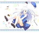  1girl blue_dress blue_eyes candy candy_cane card coffee_cup dress gochuumon_wa_usagi_desu_ka? hat kafuu_chino lollipop long_hair long_sleeves open_mouth oukatihiro pocket_watch rabbit shirt solo spilling thighs tippy_(gochuumon_wa_usagi_desuka?) top_hat upskirt very_long_hair watch 