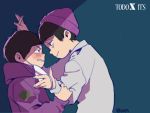  2boys beanie black_hair blue_background brothers hat hoodie ichimatsu incest male_focus mask mask_removed multiple_boys osomatsu-kun osomatsu-san siblings simple_background surgical_mask todomatsu twitter_username upper_body yaoi 