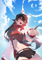  1girl :d absurdres amber_(genshin_impact) arm_at_side belt black_bra black_shorts blue_sky bow bra bra_peek breasts brown_belt brown_hair clouds cowboy_shot crossed_bangs cupping_hand day detached_sleeves double-parted_bangs flapper_shirt foreshortening from_below genshin_impact grey_trim groin hair_between_eyes hair_bow hair_flaps hand_up happy high_collar highres ko_aki light_particles long_hair looking_to_the_side looking_up navel official_alternate_costume orange_eyes outdoors red_shirt shirt short_shorts shorts sky small_breasts smile solo standing stomach teeth underwear upper_teeth_only upturned_eyes white_bow white_sleeves wind 