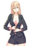  1girl and blonde_hair bra bracelet breasts cleavage contrapposto green_eyes head_tilt jacket jewelry large_breasts light_smile long_hair mustard_seeds no_shirt office_lady original pencil_skirt pink_bra red_string skirt slender_waist smile solo string underwear white_background 