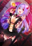  1girl blush breasts candy cleavage dress garter_straps halloween highres horns lollipop long_hair looking_at_viewer navel open_mouth original purple_hair red_eyes smile solo suiheisen thigh-highs 