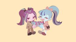  2girls ^_^ aria_blaze aria_blaze_(human) bag black_footwear black_scrunchie blue_eyeshadow blue_hair blue_skin blush bow box brown_bag brown_jacket brown_pants chibi chibi_only closed_eyes closed_mouth coat colored_skin commentary dress eosatto_(eo4tto) eyeshadow full_body green_hair hair_bow hair_ornament hair_scrunchie heart heart-shaped_box heart-shaped_mouth heart_in_mouth high_ponytail highres holding holding_box jacket lapels layered_sleeves long_hair long_sleeves looking_at_viewer makeup multicolored_hair multiple_girls musical_note my_little_pony my_little_pony:_equestria_girls my_little_pony:_friendship_is_magic notched_lapels open_clothes open_coat open_mouth orange_background pants parted_bangs pink_skin ponytail purple_eyeshadow purple_hair red_bow red_coat red_footwear scrunchie shoulder_bag simple_background socks sonata_dusk sonata_dusk_(human) star_(symbol) streaked_hair symbol-only_commentary twintails two-tone_hair v-bangs v-shaped_eyebrows white_dress white_socks 