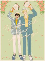  2boys anniversary ash_lynx banana_fish black_hair blonde_hair blue_footwear blue_jacket blue_pants bouquet bow bowtie closed_eyes collared_shirt dress_shoes falling_petals flower full_body green_background highres holding holding_bouquet jacket light_blush male_focus multiple_boys okumura_eiji open_mouth pants parted_bangs petals pink_flower pink_rose plaid_clothes plaid_jacket plaid_shirt red_bow red_bowtie rose shirt smile standing white_footwear white_pants yellow_eyes yellow_shirt yu_ru_lull 