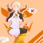  1girl alternate_costume alternate_hairstyle black_legwear braid capelet earrings embarrassed horn jewelry league_of_legends looking_at_viewer midriff navel open_mouth pointy_ears purple_skin solo soraka speech_bubble tail thigh-highs twin_braids twintails underwear white_hair x yellow_eyes yellow_legwear 