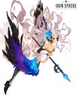  1girl armor armored_dress bare_shoulders crown dress fantchi gwendolyn hair_ornament highres odin_sphere polearm silver_hair spear strapless_dress violet_eyes weapon white_hair wings 