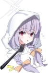  1girl atsuko_(blue_archive) blue_archive braid fork halo hanozuku hood hood_up hooded_jacket jacket long_hair looking_at_viewer parted_lips portrait purple_hair red_eyes simple_background solo twin_braids white_background 