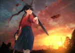  1girl airplane biplane black_hair bow_(weapon) houshou_(kantai_collection) japanese_clothes kantai_collection kimono looking_back matsutani pantyhose ponytail power_lines skirt sky sunset weapon 