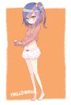 1girl barefoot bloomers blush clothes_lift green_eyes hair_bobbles hair_ornament halloween lifted_by_self long_hair navel no_pants one_side_up orange_background original purple_hair ribbed_sweater side_ponytail solo sweater sweater_lift takasaki_yuuki turtleneck underwear 