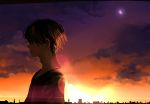  1boy black_hair blurry bokeh building closed_mouth clouds crescent_moon depth_of_field from_side hair_over_eyes kyouichi lens_flare male_focus moon orange_sky original outdoors purple_moon purple_sky sky solo sunset upper_body 