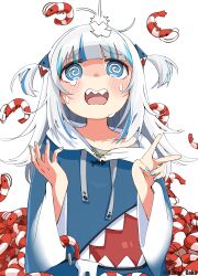  1girl @_@ absurdres bandaid bandaid_on_head blue_eyes blue_hair blue_hoodie blue_nails blunt_bangs blush collarbone commentary crying drawstring gawr_gura gawr_gura_(1st_costume) hair_ornament highres hololive hololive_english hood hood_down hoodie kakue_gaku long_hair long_sleeves multicolored_hair nail_polish open_mouth shark_hair_ornament sharp_teeth shrimp solo streaked_hair symbol-only_commentary tears teeth transparent_background twitter_username two_side_up upper_body v virtual_youtuber white_hair wide_sleeves 
