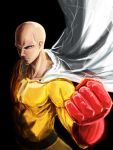  1boy bald black_background cape clenched_hand frown gloves male_focus nekomamire onepunch_man red_gloves saitama_(onepunch_man) simple_background solo white_cape 