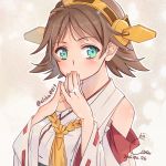  1girl aqua_eyes bare_shoulders brown_hair detached_sleeves hairband headgear hiei_(kantai_collection) japanese_clothes jewelry kantai_collection nontraditional_miko ring saki_(little_crown) short_hair solo wedding_band 