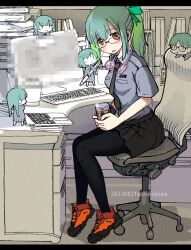  alternate_costume bespectacled black_necktie black_skirt blue_shirt brown_eyes censored computer computer_keyboard fairy_(kancolle) glasses gradient_hair green_hair highres kantai_collection laptop long_hair military_uniform mosaic_censoring multicolored_hair necktie orange_footwear ponytail shikishima_fugen shirt skirt swivel_chair yuubari_(kancolle) 