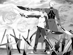  2boys archer_(fate) collarbone commentary_request dual_persona dual_wielding emiya_shirou fate/stay_night fate_(series) field_of_blades gears greyscale holding holding_knife kiyoshita knife male_focus midriff_peek monochrome multiple_boys outstretched_arm pants raglan_sleeves shoes short_hair 