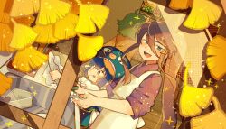  1boy 2girls :d :q ahoge apron aqua_eyes blue_hair blue_hat blush commentary_request dishwashing eel_hat fukomo ginkgo_leaf green_hair gumi hair_between_eyes hat highres holding holding_plate kamui_gakupo leaf long_hair male_focus medium_hair multiple_girls otomachi_una plate ponytail purple_hair sidelocks sink smile tongue tongue_out vocaloid white_apron 