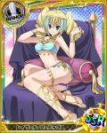  1girl anklet barefoot barefoot_sandals bed bishop_(chess) blonde_hair blue_eyes breasts card_(medium) character_name drill_hair egyptian_clothes high_school_dxd jewelry looking_at_viewer official_art panties pillow purple_panties ravel_phenex smile solo toe_ring trading_card twin_drills twintails under_boob underwear 