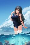  1girl air_bubble bangs black_hair blue_sky breasts bridow clouds copyright_request coral finger_to_mouth fish highres large_breasts long_hair ocean off_shoulder outdoors rock school_swimsuit sky smile solo swimsuit thigh-highs very_long_hair violet_eyes wading white_legwear 