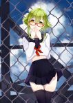 1girl absurdres ahoge bangs black_legwear black_skirt blue_sky breasts chain-link_fence clouds covered_mouth covering_mouth cross fence glasses green_eyes green_hair gumi hair_between_eyes hand_to_own_mouth highres long_sleeves looking_at_viewer maorzshu midriff miniskirt pleated_skirt red-framed_glasses red_ribbon ribbon school_uniform serafuku shirt short_hair sidelocks skirt skirt_lift sky solo thigh-highs thigh_gap upskirt vocaloid white_shirt wind zettai_ryouiki 