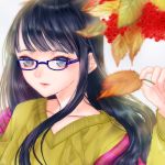  1girl autumn_leaves aya_(3224697) bangs berries black_hair glasses highres holding_leaf leaf long_hair original solo sweater upper_body 