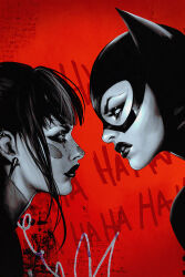  2girls absurdres batman_(series) black_bodysuit black_lips bodysuit catsuit catwoman comic_cover commentary dc_comics ear_piercing english_commentary from_side greyscale_with_colored_background highres leather_suit multiple_girls piercing punchline_(dc) selina_kyle sozomaika 