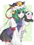  1girl :d asymmetrical_hair black_skirt blouse blue_eyes blush commentary_request green_hair hand_puppet hat long_sleeves open_mouth panda puffy_sleeves puppet red_ribbon ribbon sawara_(starligtvision) shiki_eiki skirt smile solo touhou vest white_ribbon wide_sleeves 
