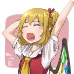  1girl arms_up ascot blonde_hair blush closed_eyes colored crystal fang flandre_scarlet hair_ribbon kitano_(kitanosnowwhite) no_hat open_mouth pointy_ears puffy_sleeves ribbon shirt short_hair short_sleeves sketch solo tears touhou upper_body vest watermark wings yawning 