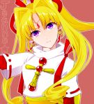  1girl bangs blonde_hair character_name chu_robo cross earrings expressionless forehead_jewel head_tilt jewelry kaitou_jeanne kamikaze_kaitou_jeanne kusakabe_maron looking_at_viewer multiple_sleeves parted_bangs red_ribbon ribbon sidelocks simple_background solo turtle upper_body violet_eyes 