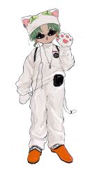  1girl alternate_costume animal_ears animal_hands animal_hat bad_id bad_twitter_id cat_ears cat_hat cat_paws cat_tail commentary_request dejiko di_gi_charat earphones full_body gloves green_eyes green_hair hand_up hat highres inactive_account jewelry kinuc long_sleeves looking_at_viewer necklace open_mouth orange_footwear pants paw_gloves pouch shoes short_hair simple_background solo standing sunglasses sweater tail white_background white_hat white_pants white_sweater 