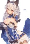  1girl animal_ears armor breasts brown_eyes cleavage gloves granblue_fantasy heles silver_hair skirt solo sorolp 