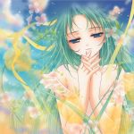  1girl bare_shoulders blue_eyes clouds dress flower green_hair higurashi_no_naku_koro_ni light_smile long_hair lowres nishiwaki_yuuri ribbon sky solo sonozaki_shion 