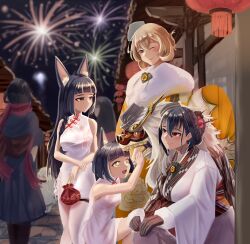  4girls absurdres animal_ear_fluff animal_ears azur_lane black_gloves black_hair blunt_bangs breasts brown_hair china_dress chinese_clothes crossover dress fireworks fox_ears fox_girl fur-trimmed_kimono fur_trim gloves highres japanese_clothes kantai_collection kimono lili_(egas4455) lion_dance long_hair medium_breasts multiple_girls mutsu_(azur_lane) mutsu_(haregi_mode)_(kancolle) mutsu_(kancolle) nagato_(azur_lane) nagato_(haregi_mode)_(kancolle) nagato_(kancolle) name_connection new_year night obi official_alternate_costume one_eye_closed orange_kimono outdoors red_eyes sakuramon sash shishimai short_dress short_hair sleeveless sleeveless_dress small_breasts smile thigh-highs tilted_hat tilted_headwear very_long_hair white_dress white_kimono white_thighhighs wide_sleeves yagasuri yellow_eyes yellow_kimono 