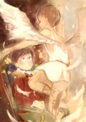  2boys ahoge alternate_costume angel_wings animal_ears bare_shoulders bow bowtie bracelet brown_eyes brown_footwear brown_hair closed_mouth collared_shirt commentary_request cowboy_shot dot_nose epaulettes feathered_wings feathers floating flower formal_clothes frilled_shirt_collar frilled_sleeves frills from_behind full_body gold_anklet green_eyes green_pants hanada_hyou indoors jacket jewelry layered_sleeves light_blush light_frown light_particles long_sleeves looking_at_another male_focus matsuno_jyushimatsu matsuno_osomatsu multiple_boys on_chair one-hour_drawing_challenge osomatsu-san osomatsu_(series) outstretched_arm pants petals pillar red_bow red_bowtie red_jacket sandals shirt short_hair sitting spread_wings toga traditional_bowtie white_shirt white_wings wide-eyed wings yellow_flower 