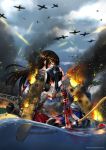  2girls airplane akagi_(kantai_collection) blood burning commentary fire historical_event injury kaga_(kantai_collection) kantai_collection kishiro-kun multiple_girls tagme 