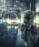  1girl bag bangs black_legwear blurry bobblehat bokeh brick brown_hair building closed_eyes clothes_removed coat commentary_request crying cup depth_of_field hat holding_clothes night open_mouth original outdoors over-kneehighs pleated_skirt pom_pom_(clothes) railroad_tracks rain reflection scarf sho_(shoichi-kokubun) shoulder_bag skirt sobbing solo standing starbucks station tears text thigh-highs train train_station tree 