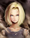  1girl amaguchi_chiyoko android_18 bangs blonde_hair blue_eyes blurry bruise closed_mouth collarbone depth_of_field dragon_ball dragon_ball_z dust highres injury looking_at_viewer parted_bangs short_hair smoke solo torn_clothes 