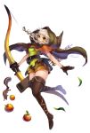  1girl apple arrow artist_name belt boots bow_(weapon) braid brown_boots brown_gloves brown_legwear cape dragon&#039;s_crown elf_(dragon&#039;s_crown) food fruit gloves highres hood knee_boots leaf one_leg_raised quiver rrose solo squirrel transparent_background twintails weapon white_hair 