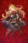  1girl armor bangs belt blonde_hair boots bow bracelet brooch cagliostro_(granblue_fantasy) cape flower full_body granblue_fantasy head_tilt highres jewelry kawakami_shuuichi knee_boots long_hair lying on_back parted_lips red_background red_bow red_cape red_skirt revision ring rose skirt solo spiked_hairband test_tube thigh-highs violet_eyes 