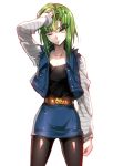  1girl adjusting_hair android_18 android_18_(cosplay) belt black_legwear c.c. code_geass cosplay creayus dragon_ball dragon_ball_z green_hair long_sleeves one_eye_closed pantyhose short_hair simple_background skirt solo white_background yellow_eyes 