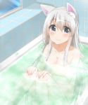  1girl animal_ears bath bathing bathtub blush breasts cacao_(cacao0809) cat_ears cleavage collarbone grey_eyes highres long_hair nude original partially_submerged silver_hair sitting smile solo water 