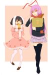  2girls absurdres animal_ears bag black_hair black_legwear blush bread dress eating extra_ears eye_contact food full_body gloves highres inaba_tewi jacket liang_yao long_hair long_sleeves looking_at_another looking_up miniskirt multiple_girls pantyhose pink_dress puffy_sleeves purple_hair rabbit_ears red_eyes reisen_udongein_inaba scarf shoes shopping_bag short_hair skirt thigh-highs touhou vest zettai_ryouiki 