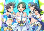  3girls black_hair genderswap gloves green_eyes green_hair hat highres idol jojo_no_kimyou_na_bouken jonathan_joestar joseph_joestar kotatsu_(g-rough) kuujou_joutarou long_hair microphone multiple_girls one_eye_closed short_hair skirt smile 