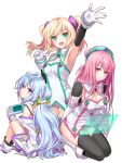  1boy 2girls :d armpits black_legwear blonde_hair blush breasts cleavage geroro gloves green_eyes hacka_doll hacka_doll_1 hacka_doll_2 hacka_doll_3 long_hair looking_at_viewer multiple_girls open_mouth otoko_no_ko pink_eyes pink_hair short_hair simple_background smile thigh-highs twintails violet_eyes white_background white_gloves 